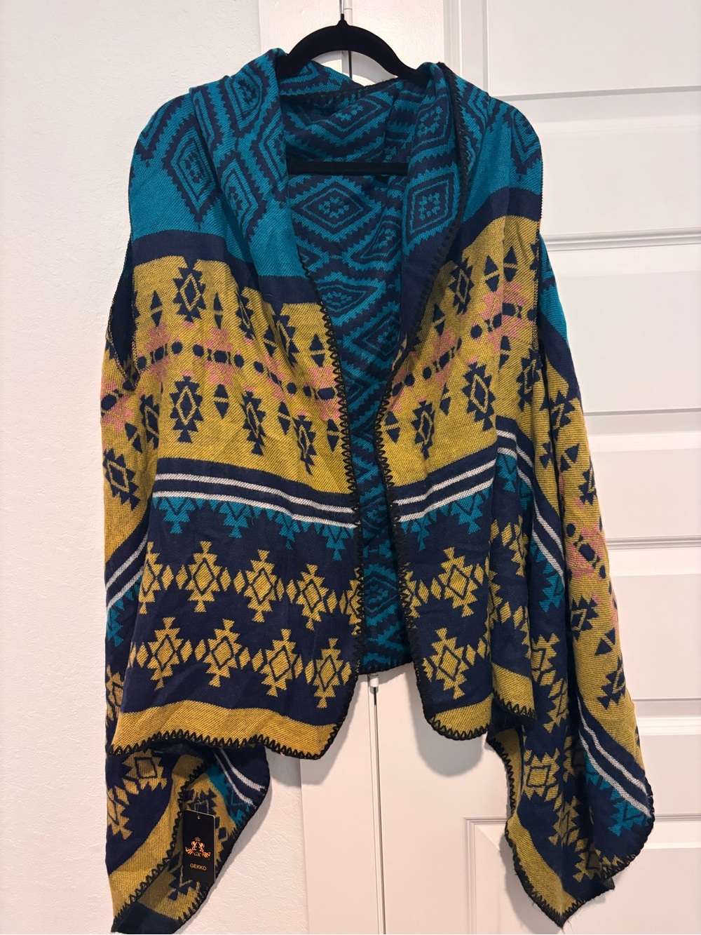 Women’s Hooded Aztec Knit Cardigan Sweater - Teal, Navy & Mustard
